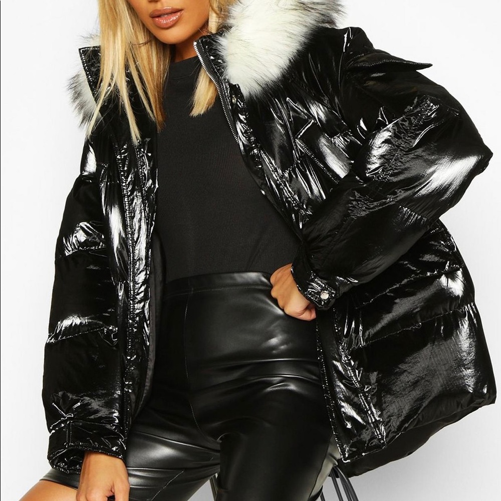 Boohoo Pocket Pearlescent Faux Fur Trim Puffer